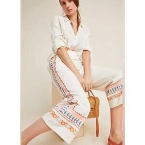 Anthropologie Womens 8 White Embroidered Wide-Leg Linen-Blend Lined Boho Pants